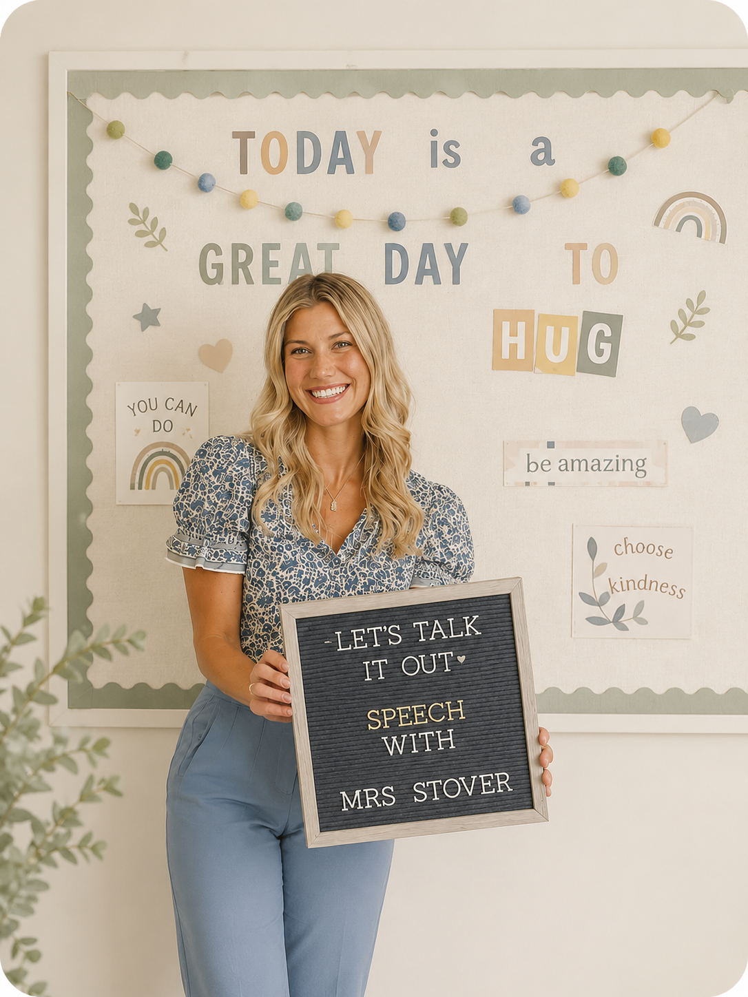 A woman smiling and holding a sign that says 'Let's talk it out, speech with Mrs. Stover.' She is standing in front of a decorated bulletin board with motivational messages.