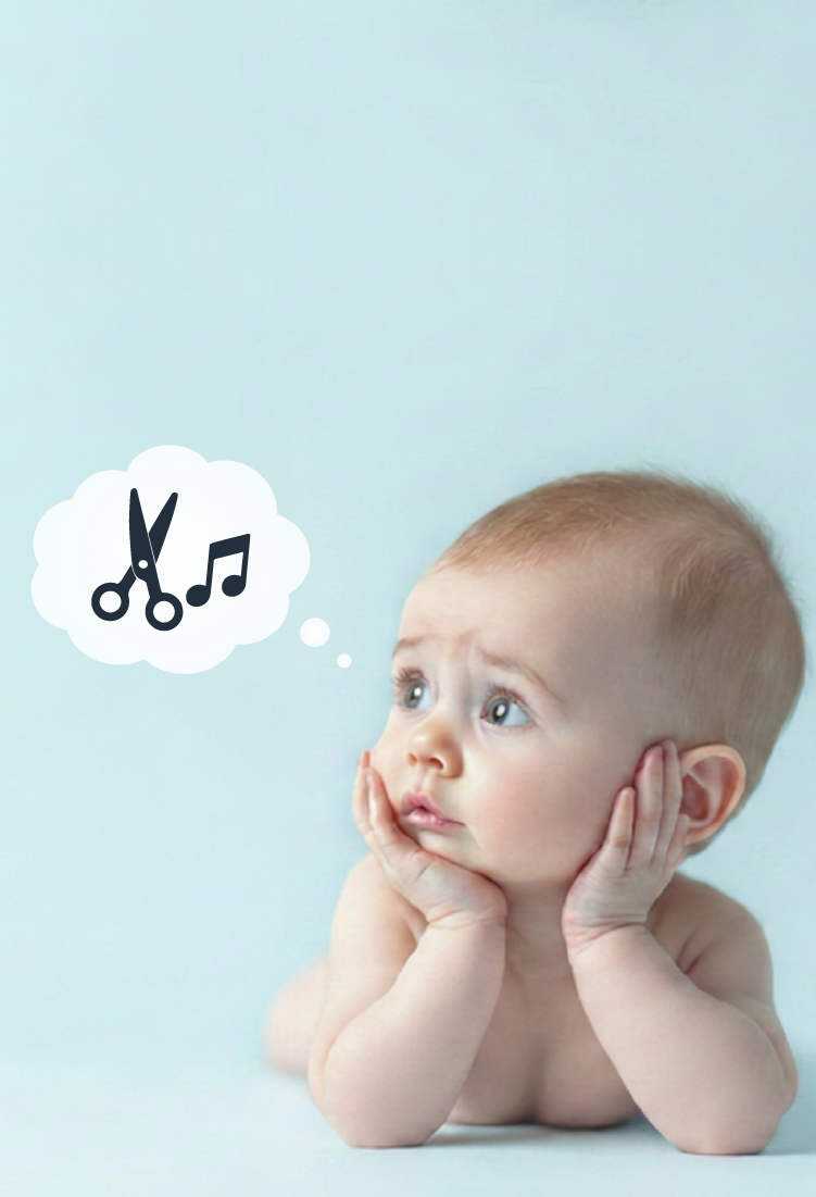 A baby with a thoughtful expression, resting their chin on their hands, with a speech bubble showing scissors and musical note icons.