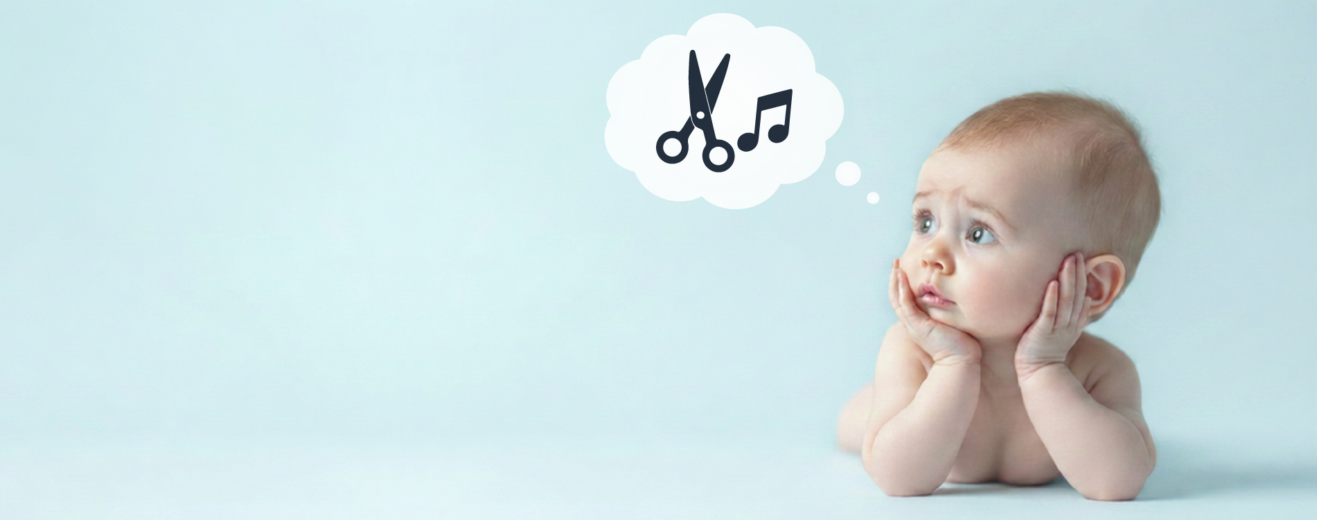 A baby lying on a light blue surface with hands on their cheeks, looking thoughtful, with a thought bubble containing scissors and music notes.