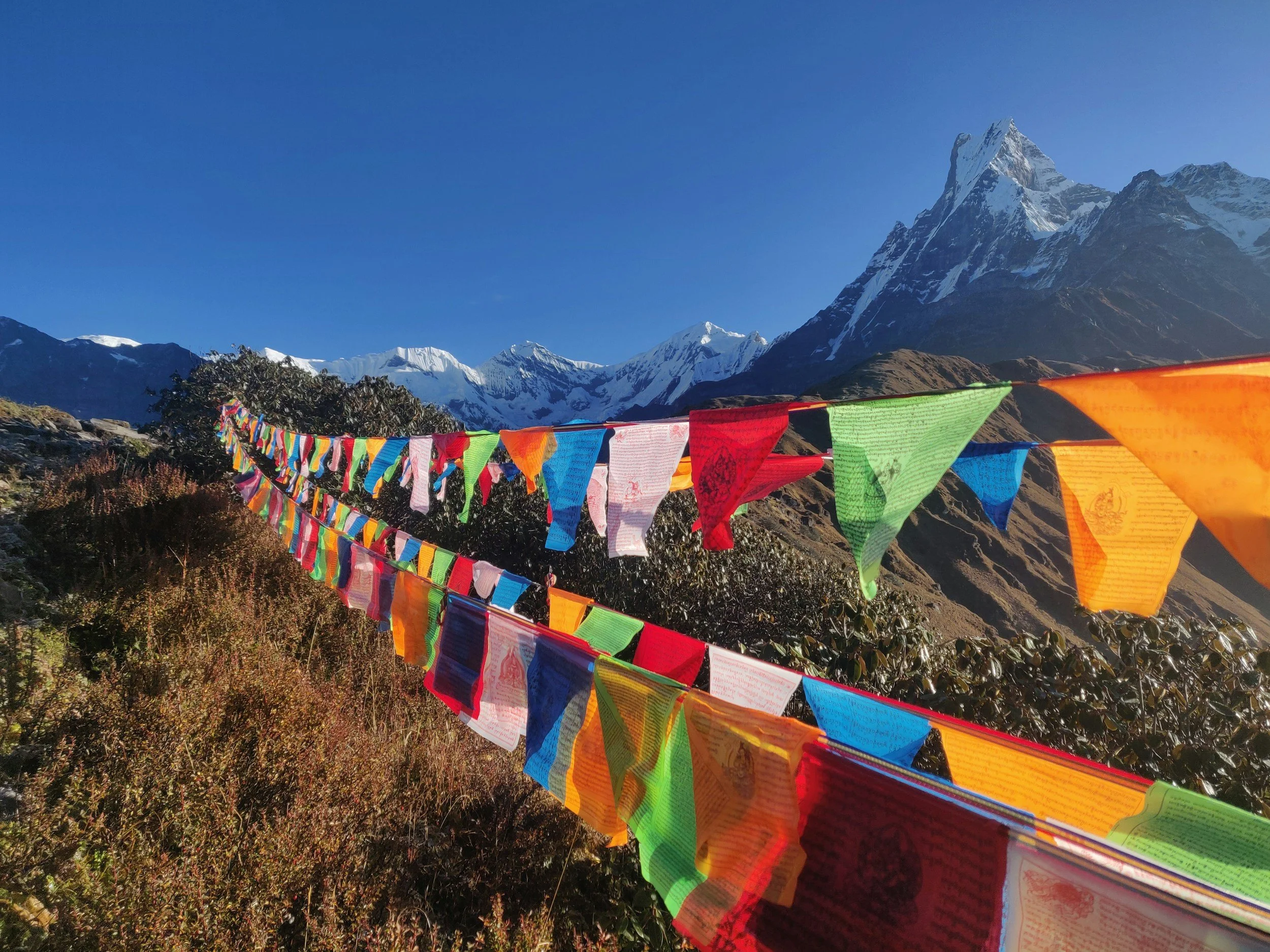 Colorful prayer flags hanging in front of snow-capped mountains under a clear blue sky.