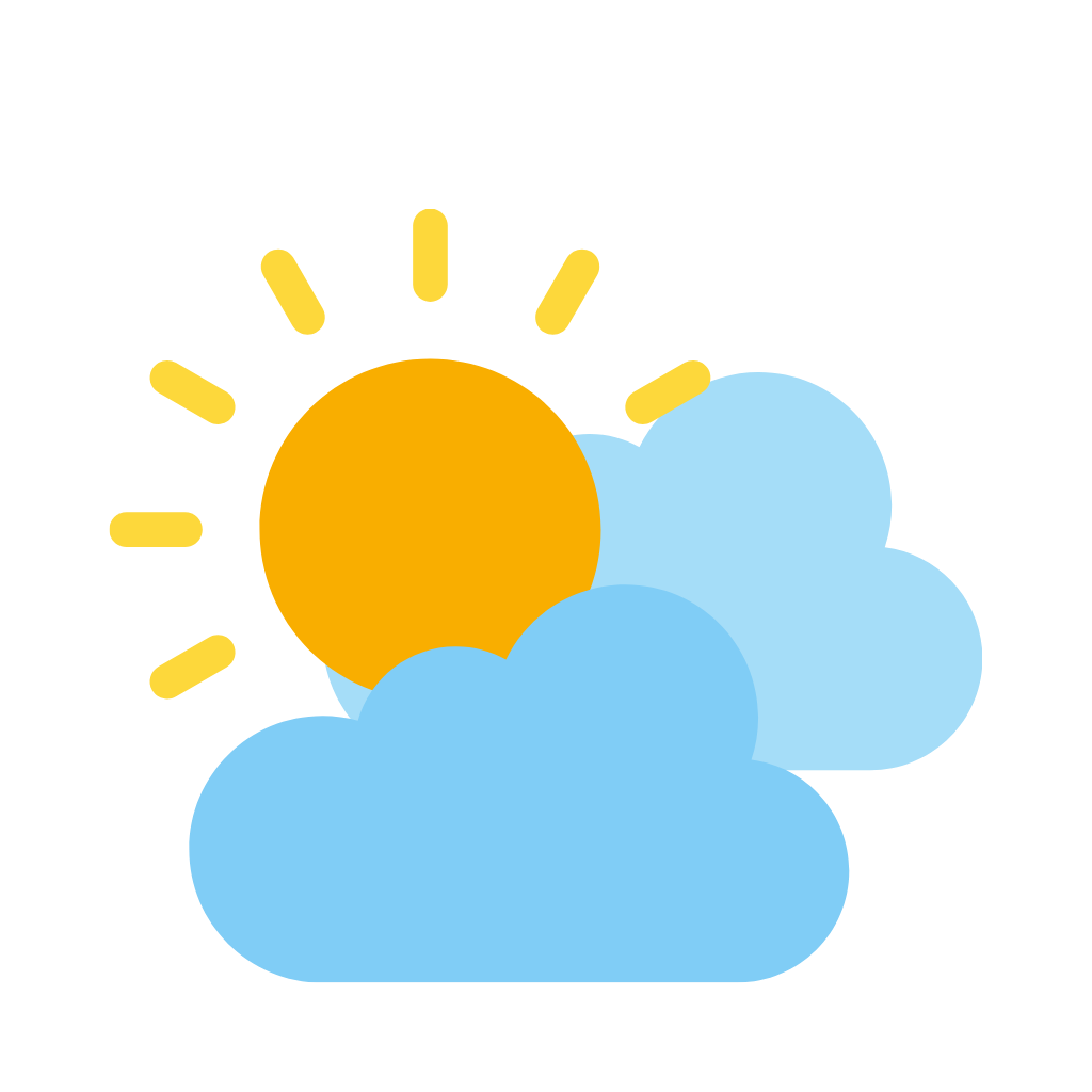 Sunny weather with a large orange sun partially hidden behind light blue clouds.