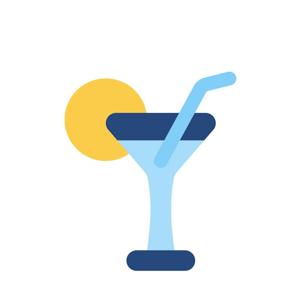Simple illustration of a cocktail glass with a light blue drink, an orange slice garnish, and a straw.