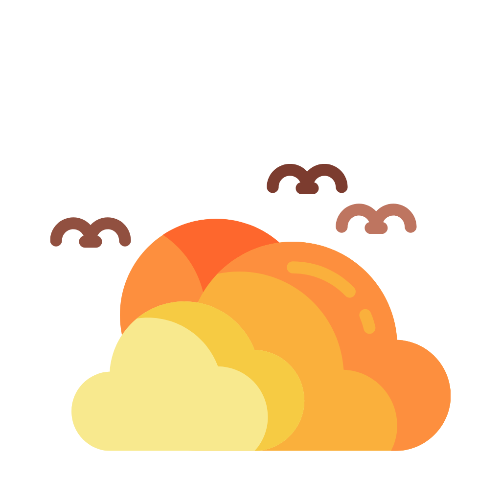 A cartoon illustration of a large cloud of dust and smoke with birds flying around it.