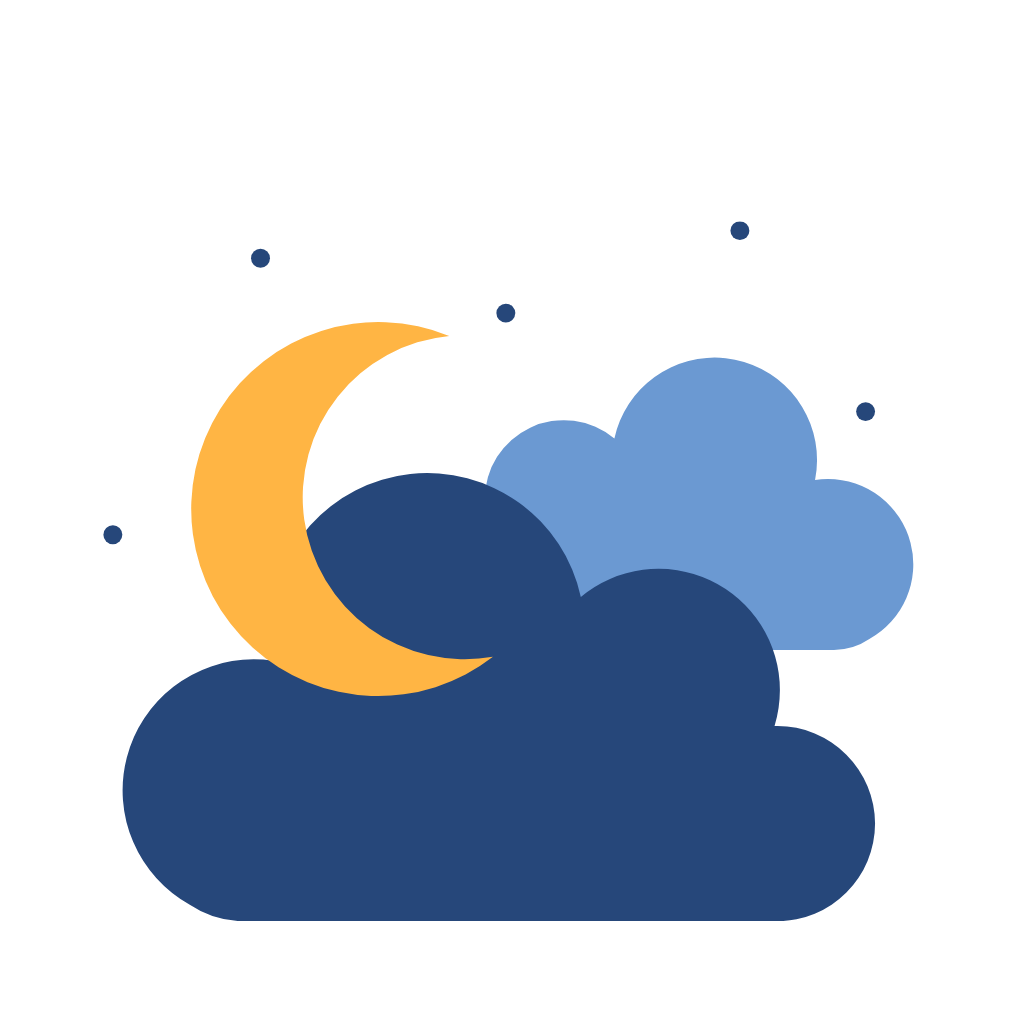 Nighttime scene with dark clouds, a yellow crescent moon, and stars in the sky.