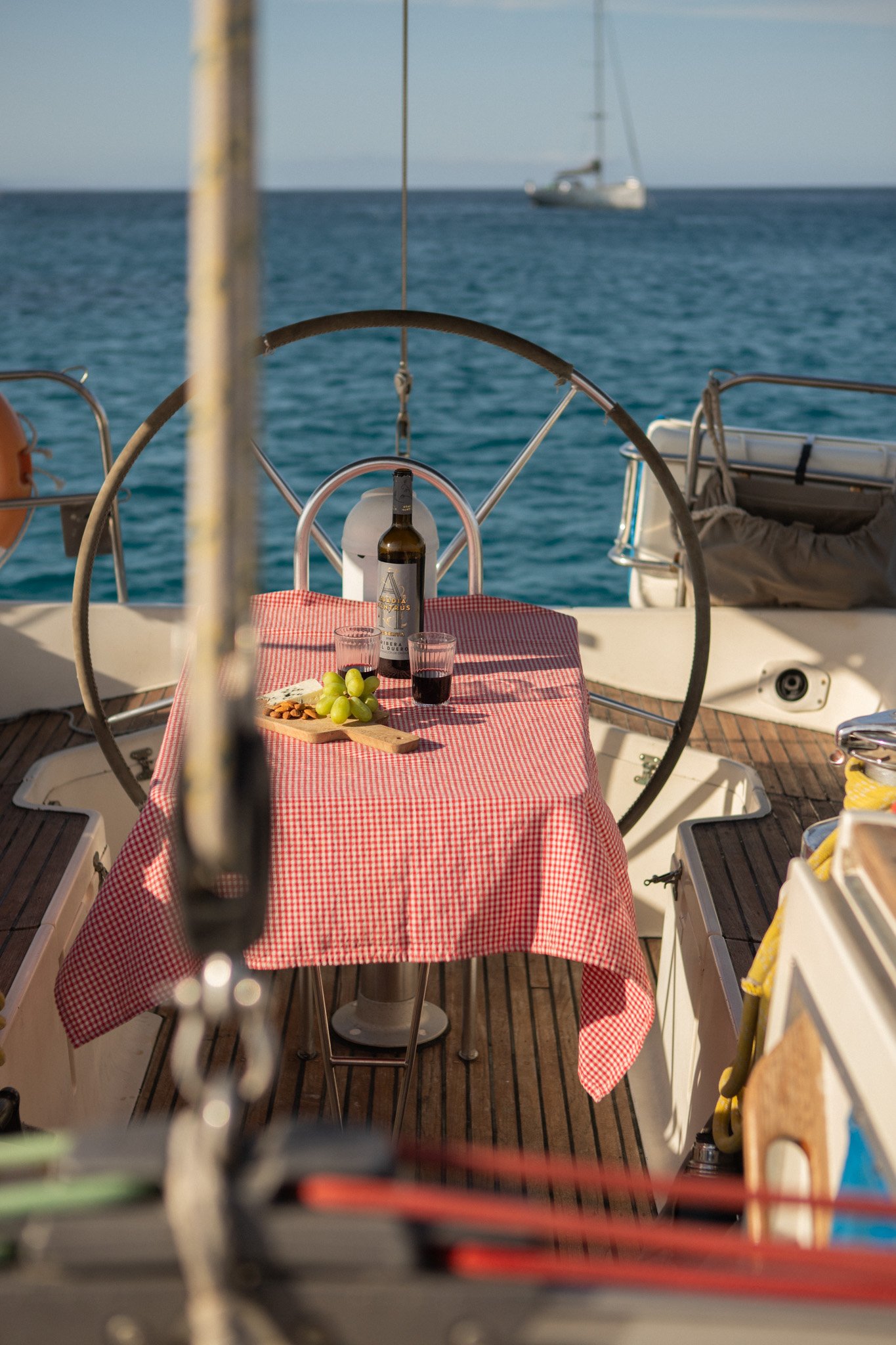 A table with a red checkered tablecloth set on a boat, with a wine bottle, two glasses of red wine, and a small plate of grapes and snacks. In the background, the ocean and a distant sailboat are visible.