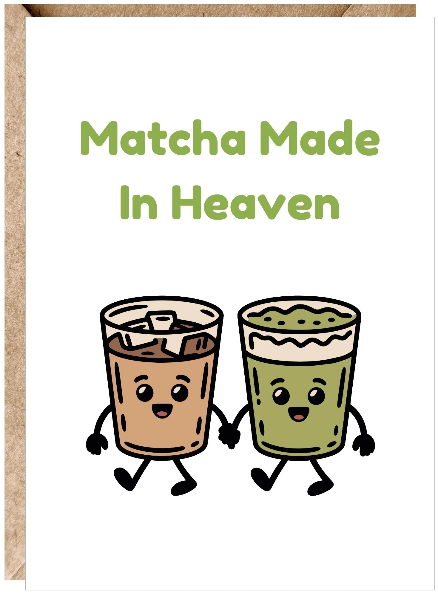 Cartoon illustration of two happy glasses of matcha latte, holding hands and smiling.