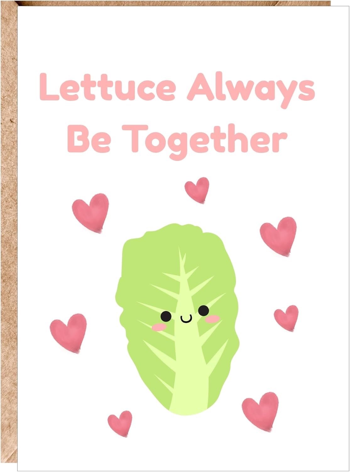 A cute, smiling cartoon lettuce with a face, surrounded by pink hearts and a message that says "Lettuce Always Be Together" in pink letters.