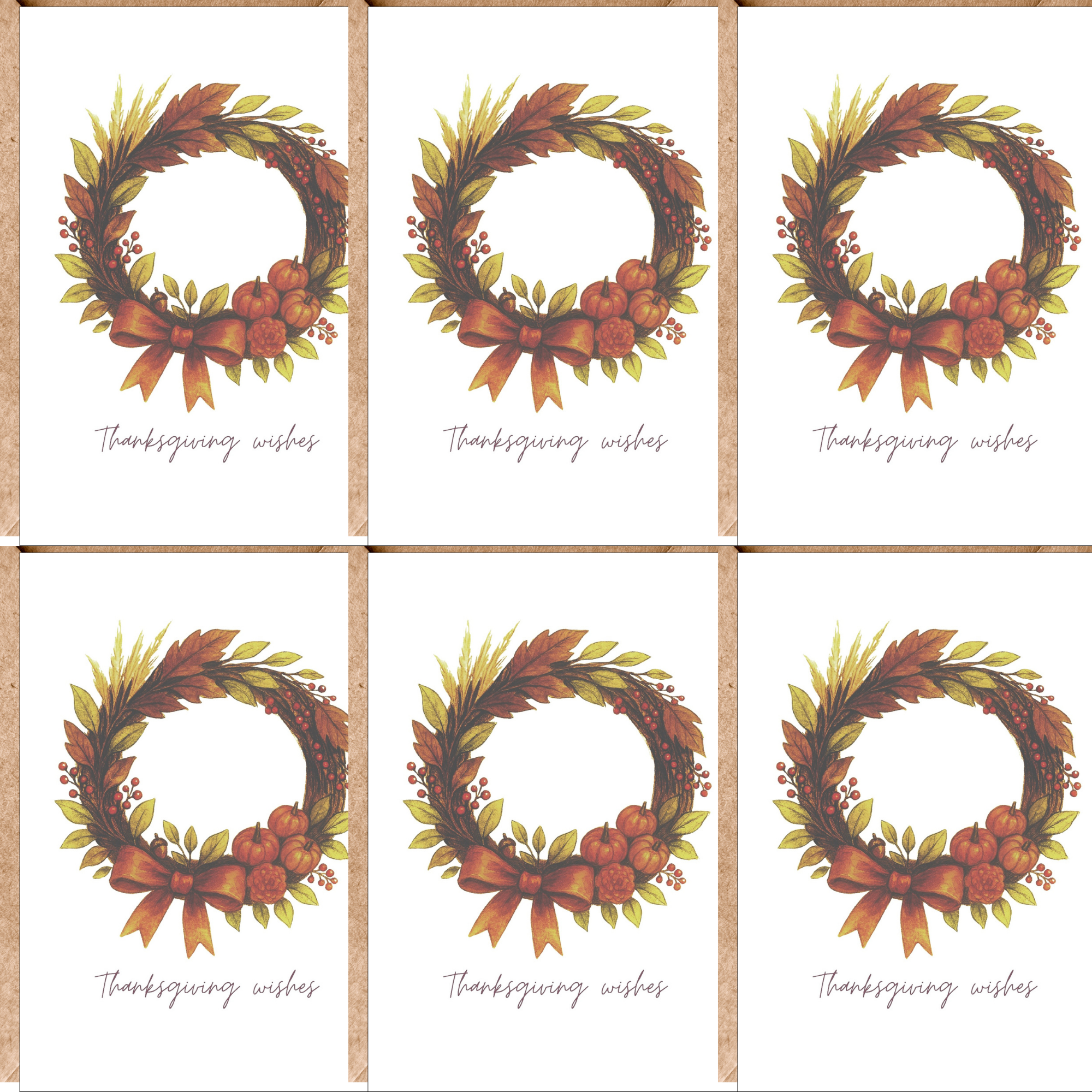 Multiple Thanksgiving cards featuring a wreath of autumn leaves, pumpkins, berries, and a bow with the text "Thanksgiving wishes".