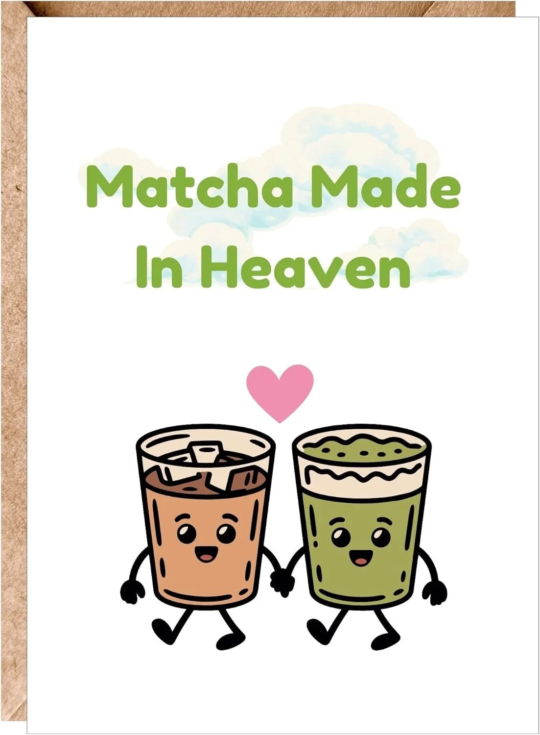 A colorful cartoon illustration of two cute cups of matcha and hot chocolate holding hands with a pink heart above them, with the words 'Matcha Made In Heaven' written above.
