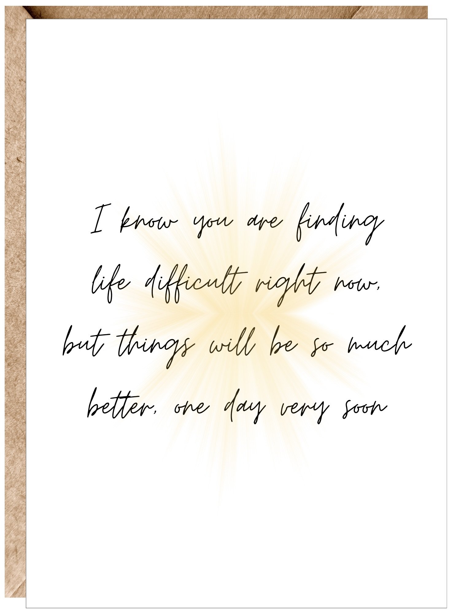 A motivational quote on a white background with a golden light burst effect, framed by a textured brown edge on the left.
