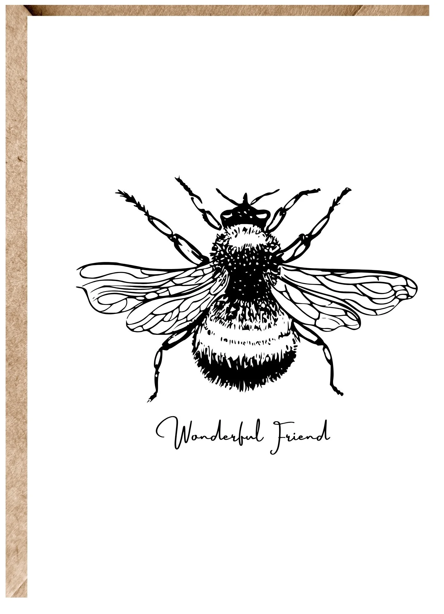 A black and white line drawing of a bee with detailed wings and body, and the handwritten phrase 'Wonderful Friend' below it.