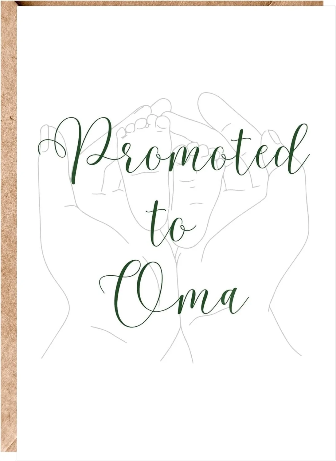 An illustration of two hands holding a small baby's hand, with the text "Promoted to Oma" overlaid in cursive green font.