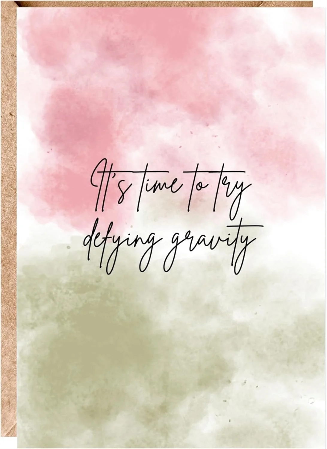 A watercolor background with pink and green hues, displaying the quote 'It's time to try defining gravity' in black cursive text.