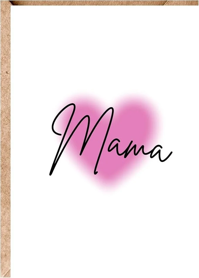 A card with the word "Mama" written in black cursive over a pink heart shape on a white background.