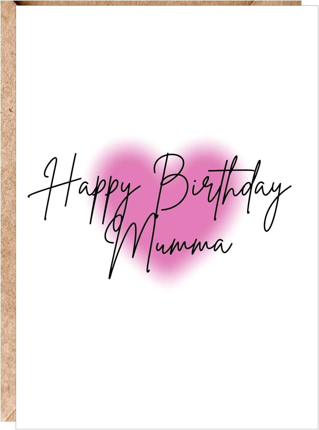 A birthday card with a pink heart and black cursive text that reads 'Happy Birthday Mumma'.