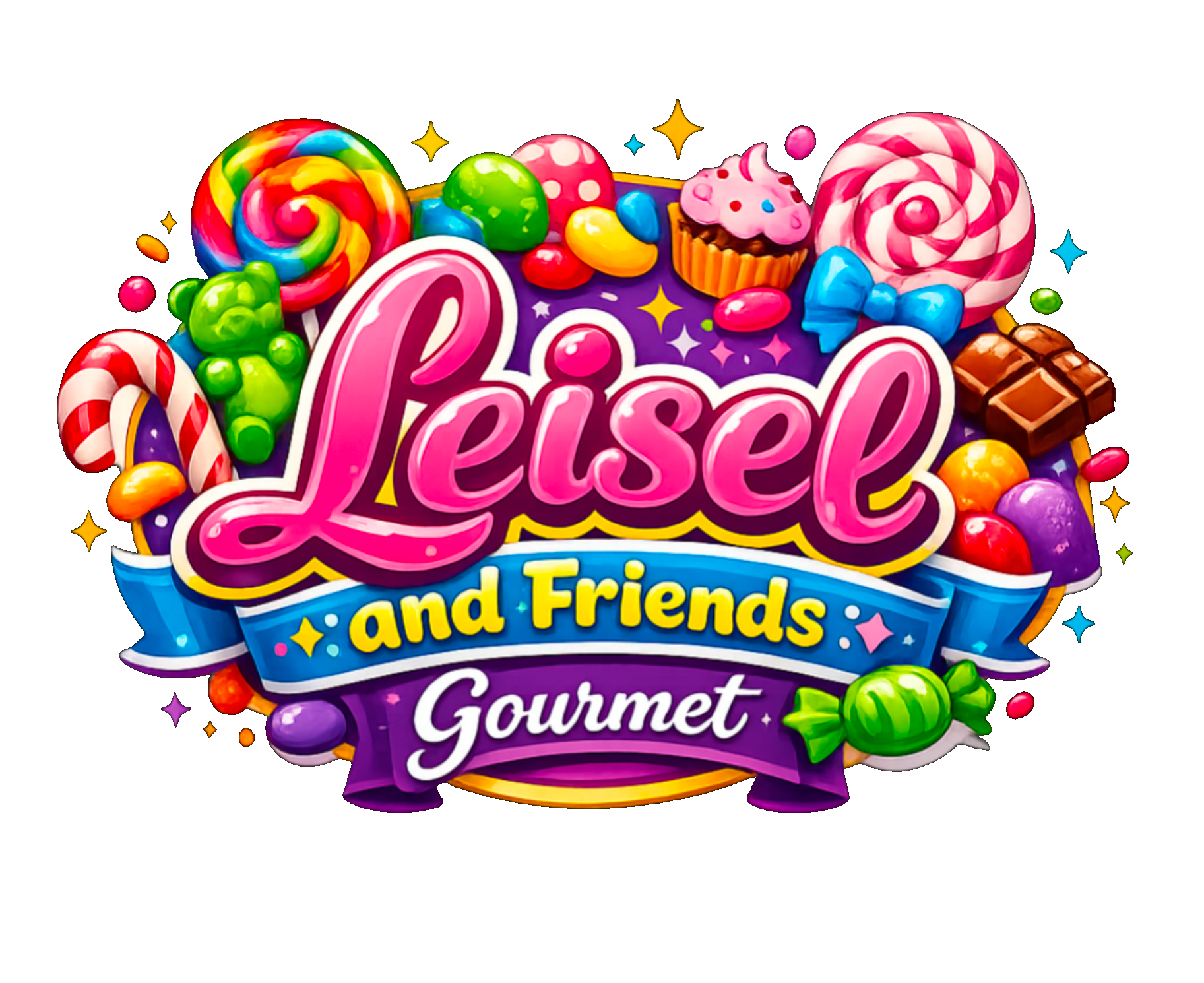 Colorful candy-themed packaging with the text "Lively and Friends Gourmet" surrounded by assorted candies, lollipops, chocolates, and sweet treats.