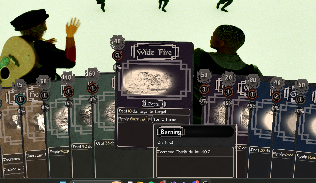 Fantasy card game with character illustrations and cards displaying various actions and effects, over a background of two people talking.
