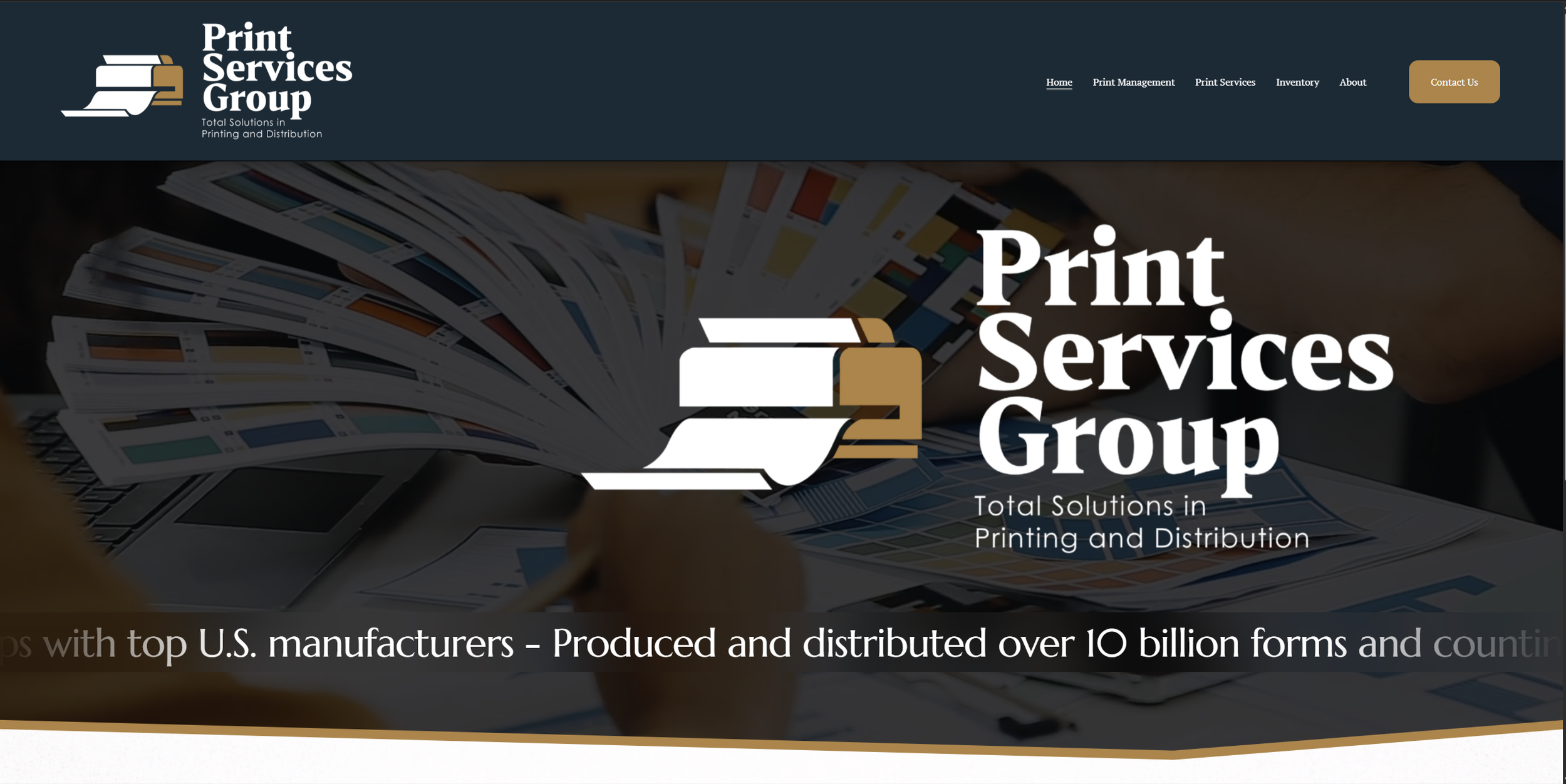 Website homepage for Print Services Group with logo, navigation links, and a background image of a person handling printed color samples.