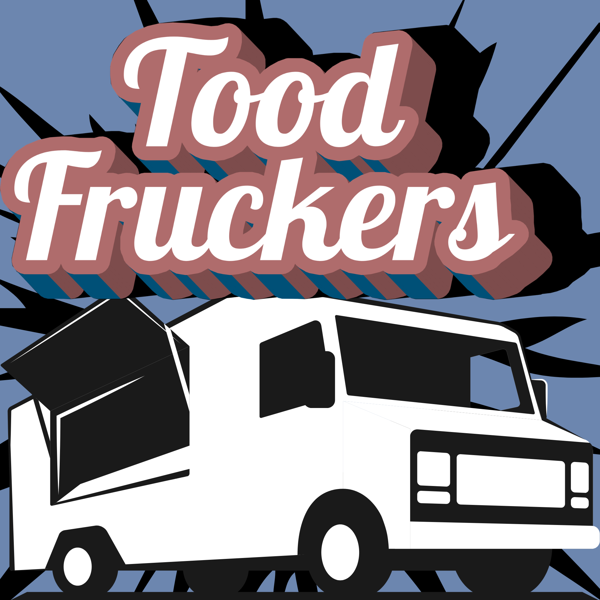 A stylized illustration of a blue food truck with black and white accents, featuring a large sign that says "Food Truckers" in bold, cursive white font outlined in brown, set against a dark background with angular light blue and black highlights.