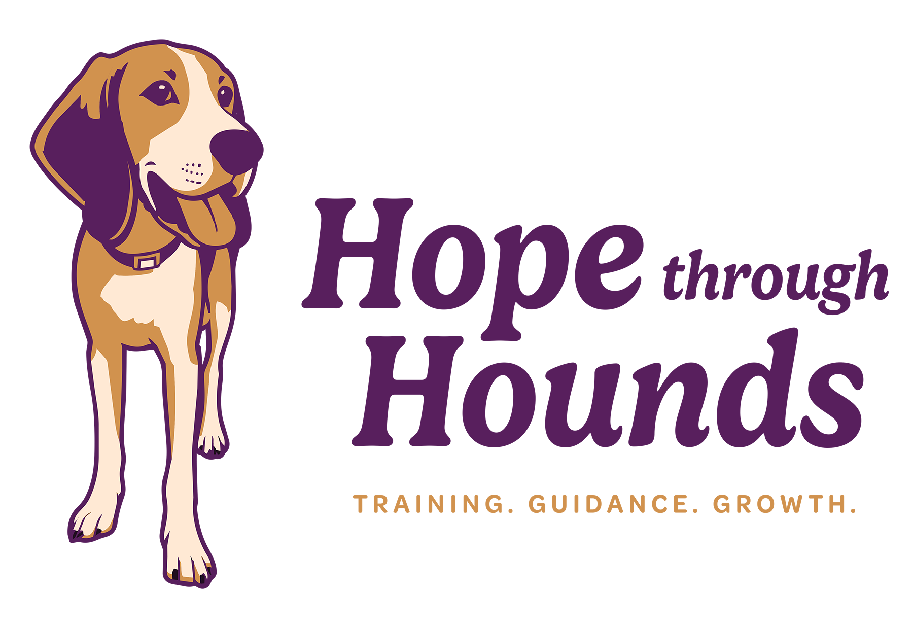 Illustration of a friendly-looking hound dog with brown, black, and white fur next to purple text that says "Hope through Hounds" with a tagline underneath reading "Training. Guidance. Growth."