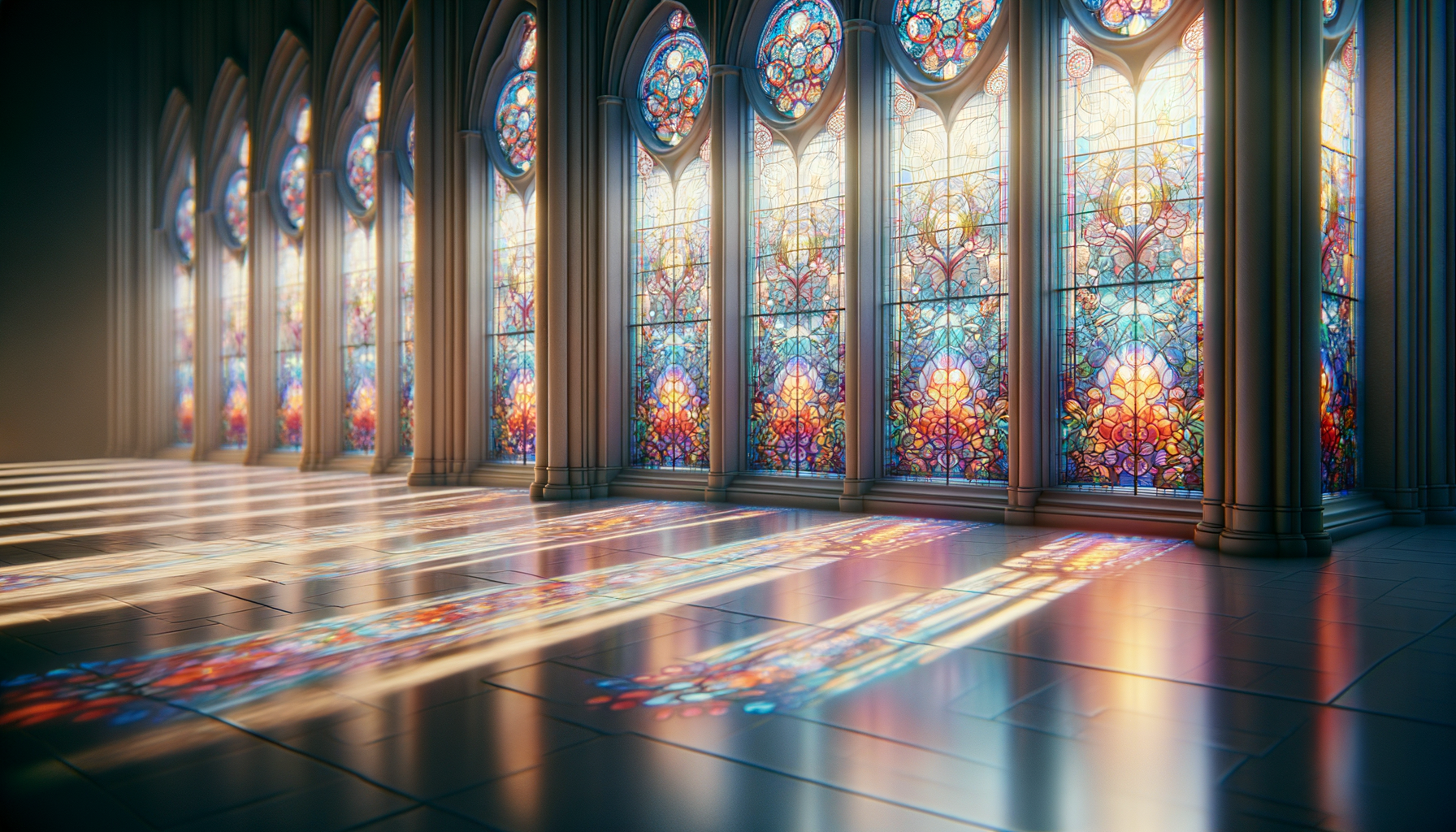 Sunlight streams through colorful stained glass windows in a cathedral, casting vibrant reflections on the tiled floor.