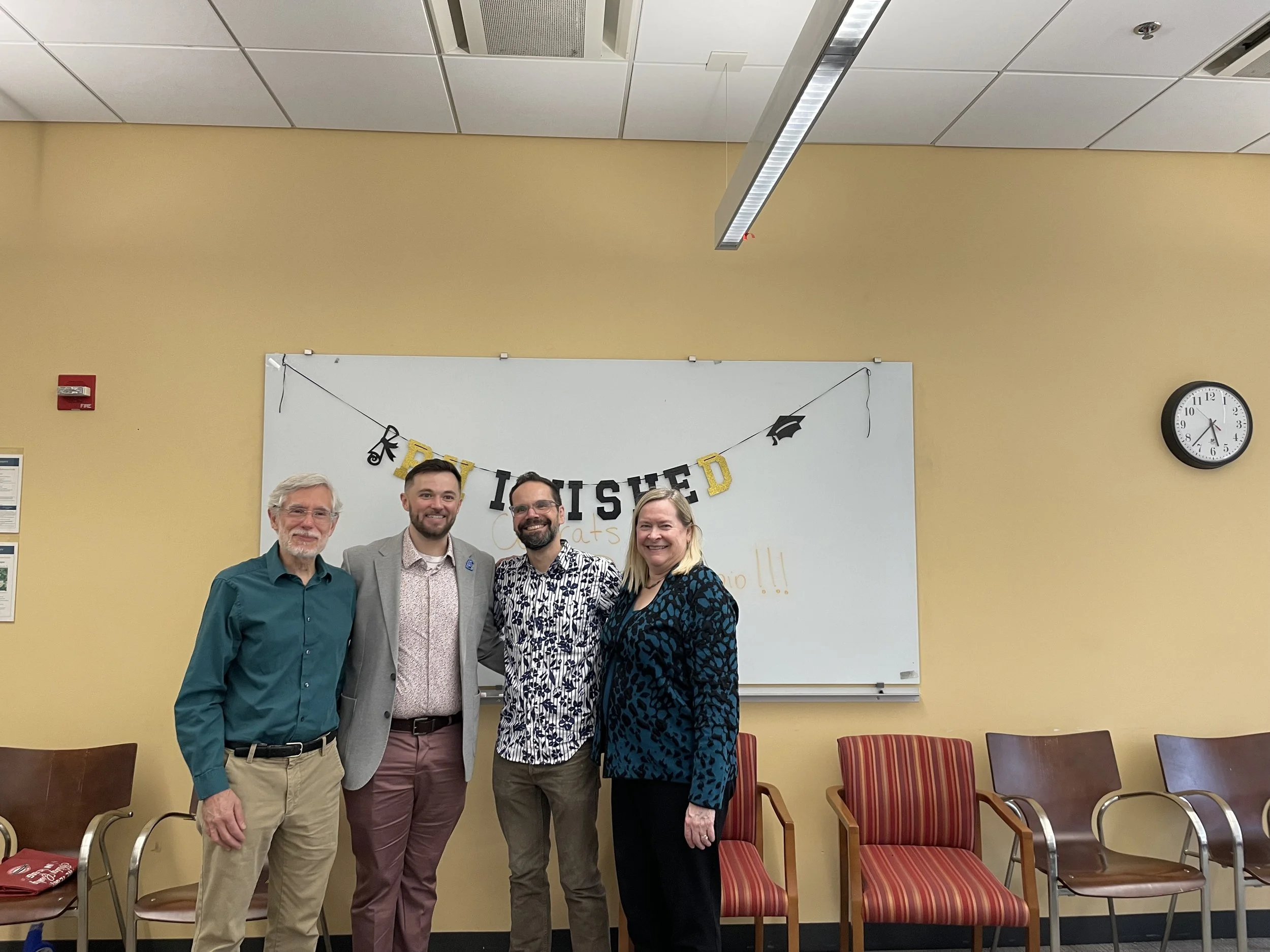 Dennis' committee at his PhD defense party! Mark Rose, Dennis, Shaun, Ronda Rolfes. April 2025. Congratulations Dennis!!