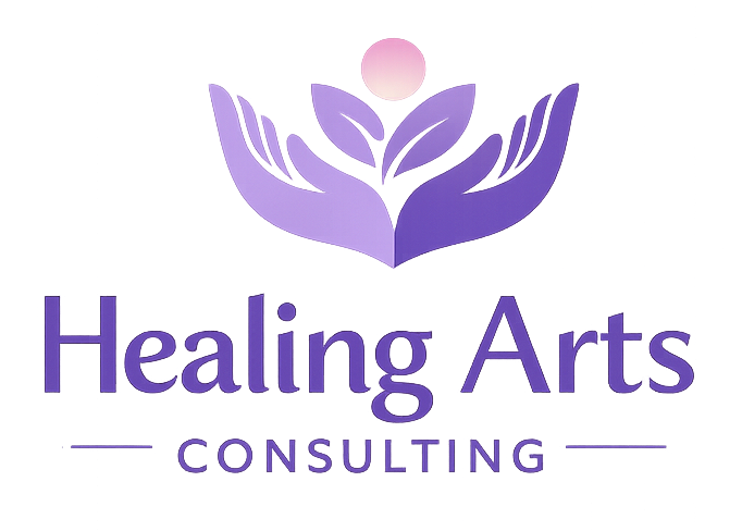 Neon sign with a stylized lotus flower and moon, reading 'Healing Arts Consulting' in purple and pink colors.