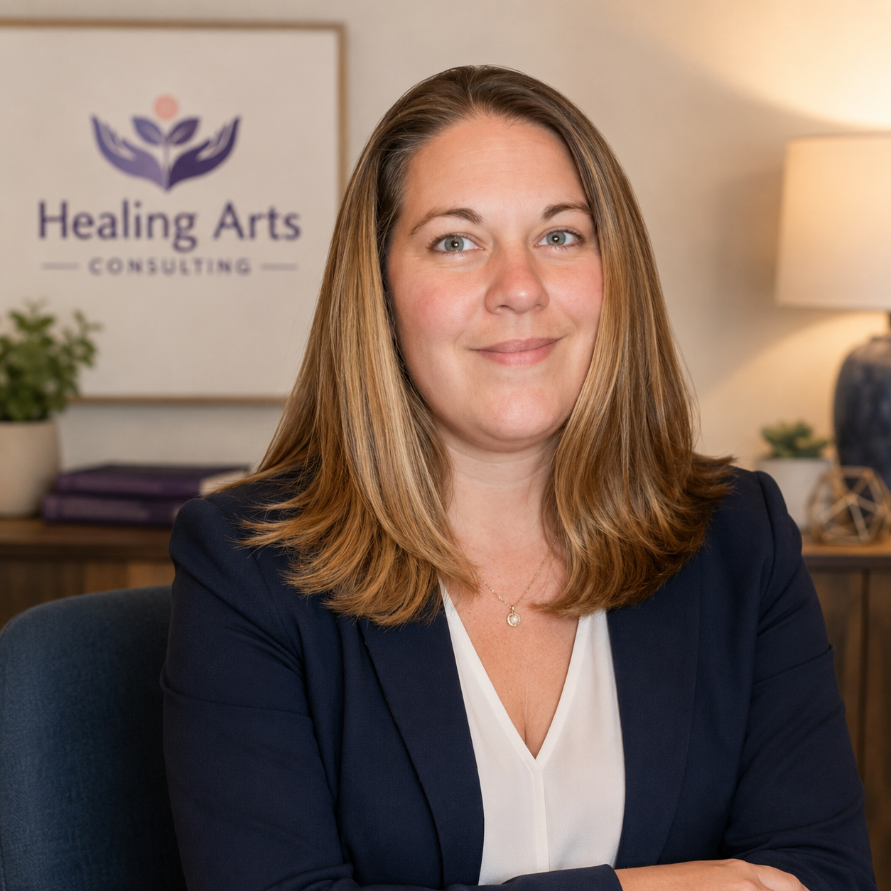 Businesswoman sitting at a desk in an office with a 'Healing Arts Consulting' sign in the background, smiling and looking at the camera.