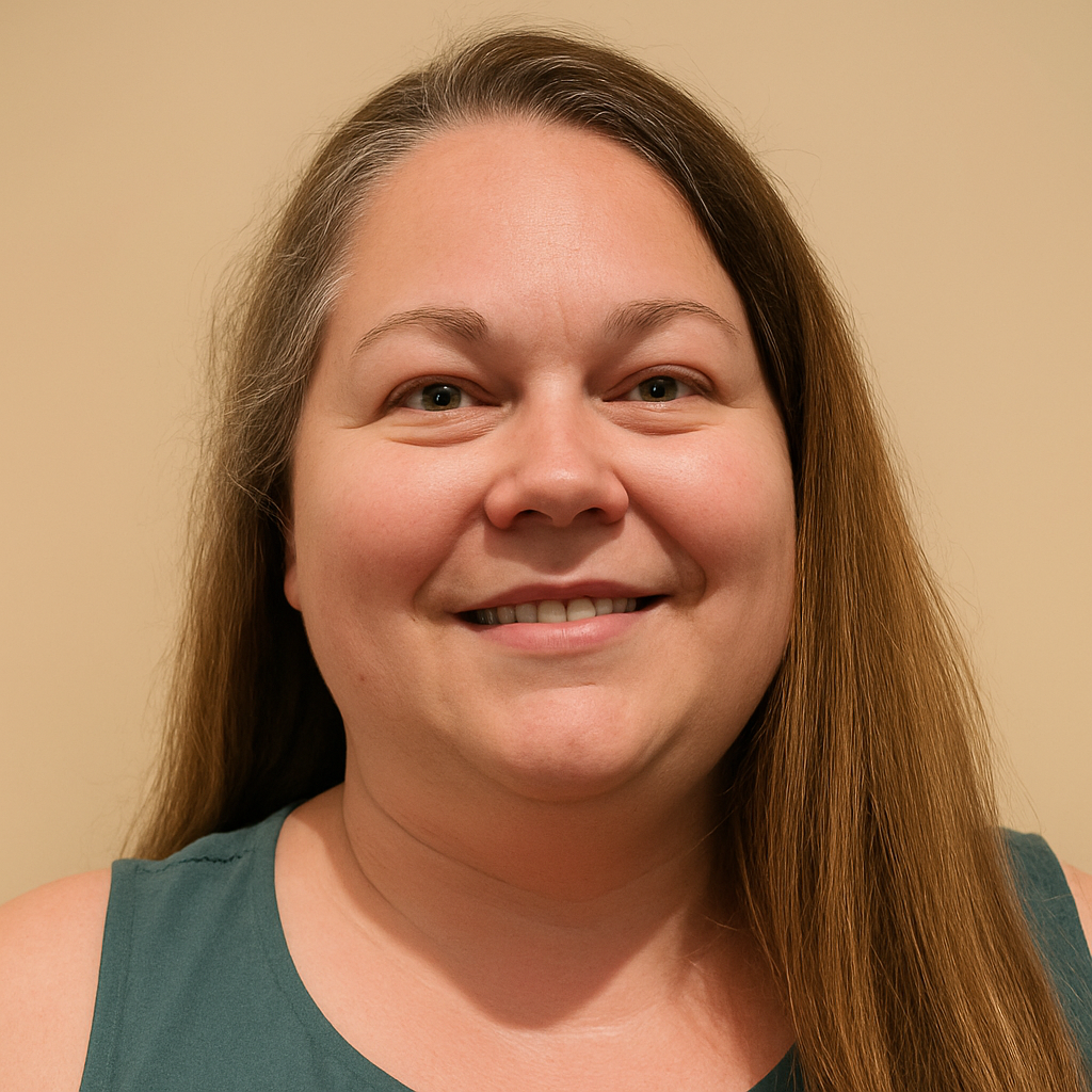 Close-up of a smiling woman with long brown hair, wearing a sleeveless green top, against a neutral beige background.