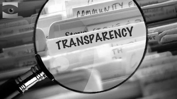 A magnifying glass highlighting a file folder labeled 'Transparency' on a shelf among other files.