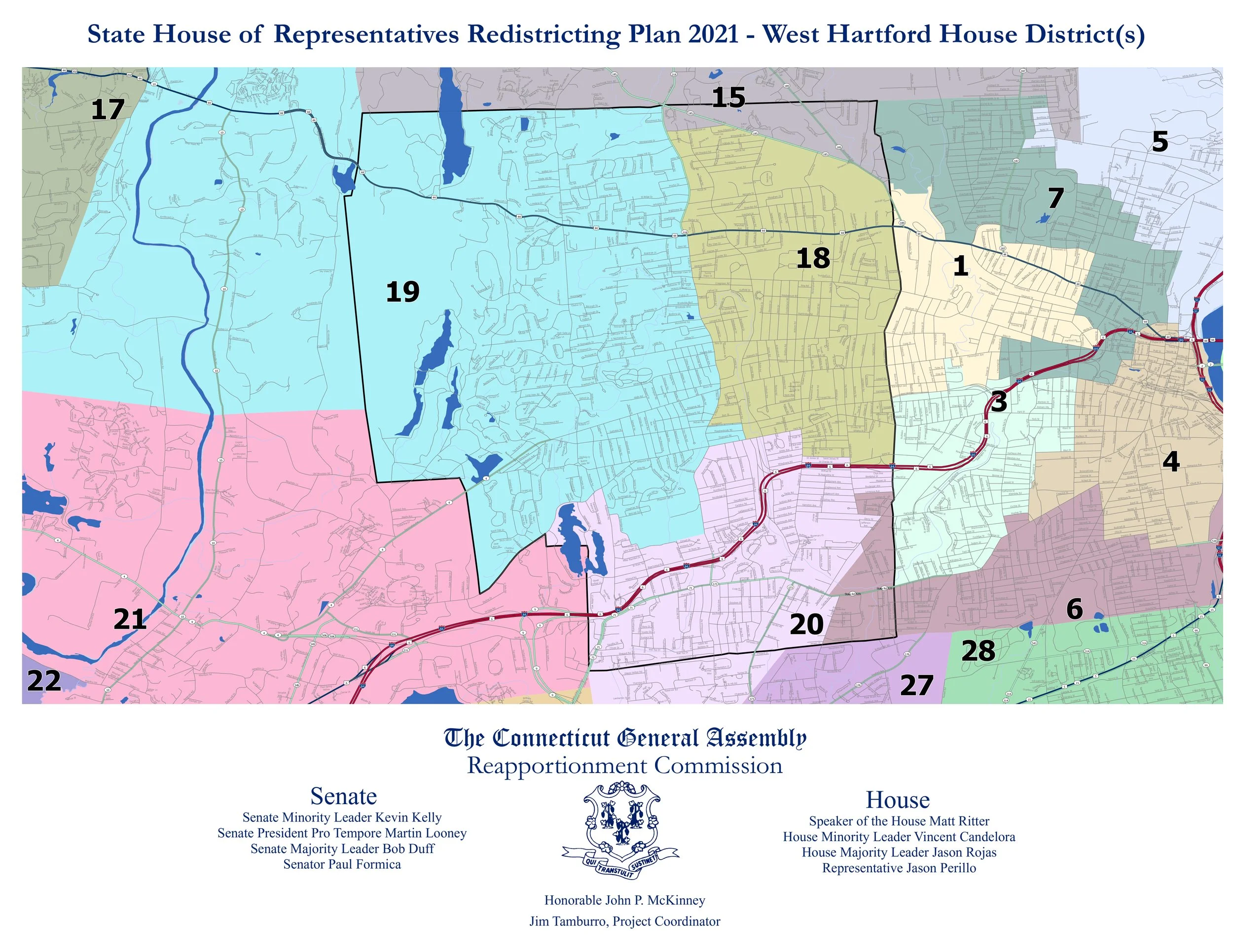 Map illustrating the 2021 redistricting plan for the West Hartford House Districts in Connecticut, with numbered districts, roads, waterways, and surrounding areas.