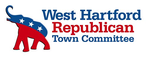 Logo for West Hartford Republican Town Committee featuring an elephant with stars and stripes design.