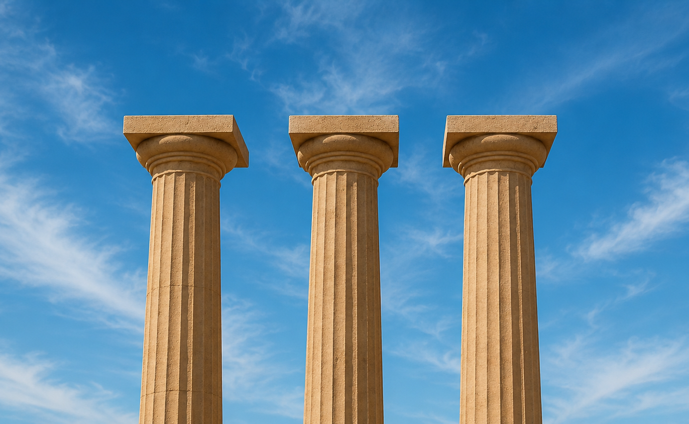 Three ancient stone columns against a blue sky with wispy clouds.
