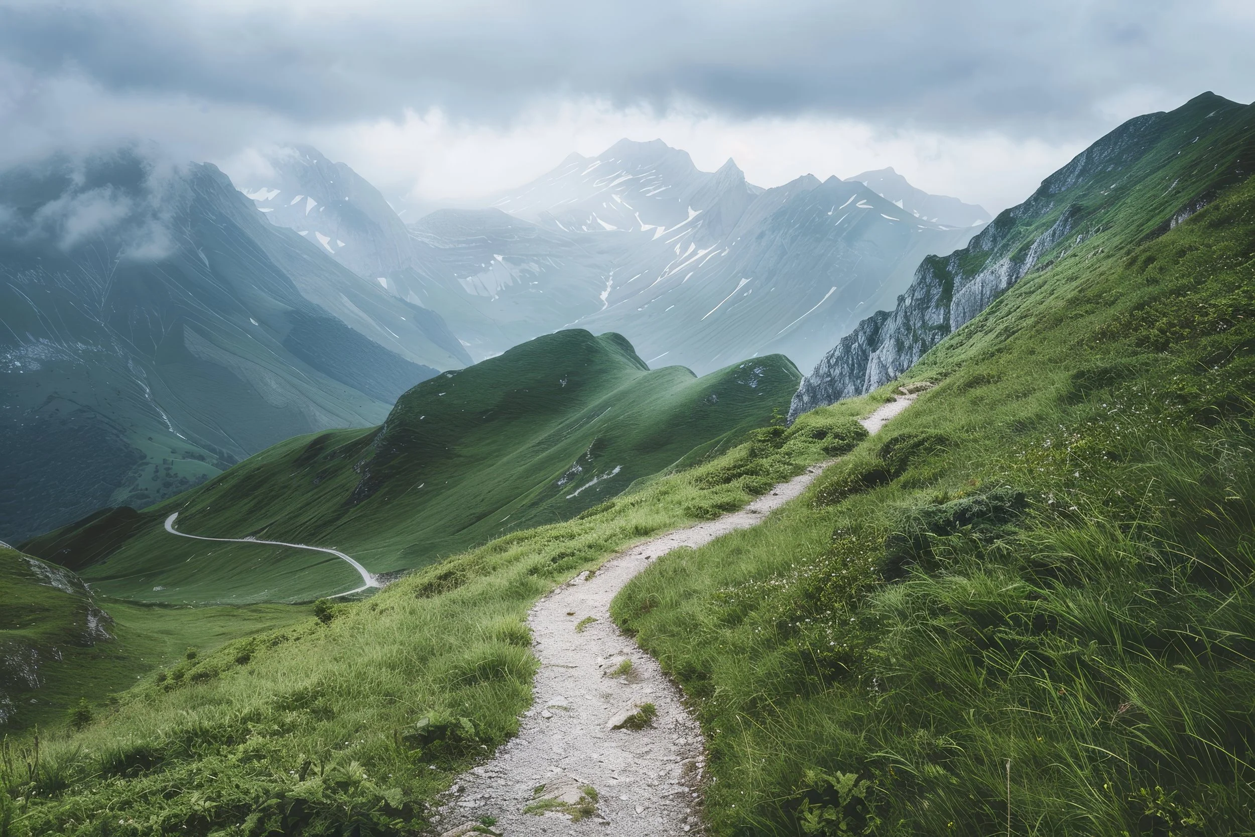 A winding dirt trail through lush green grass on rolling hills with tall mountain peaks in the background, partially shrouded in clouds.