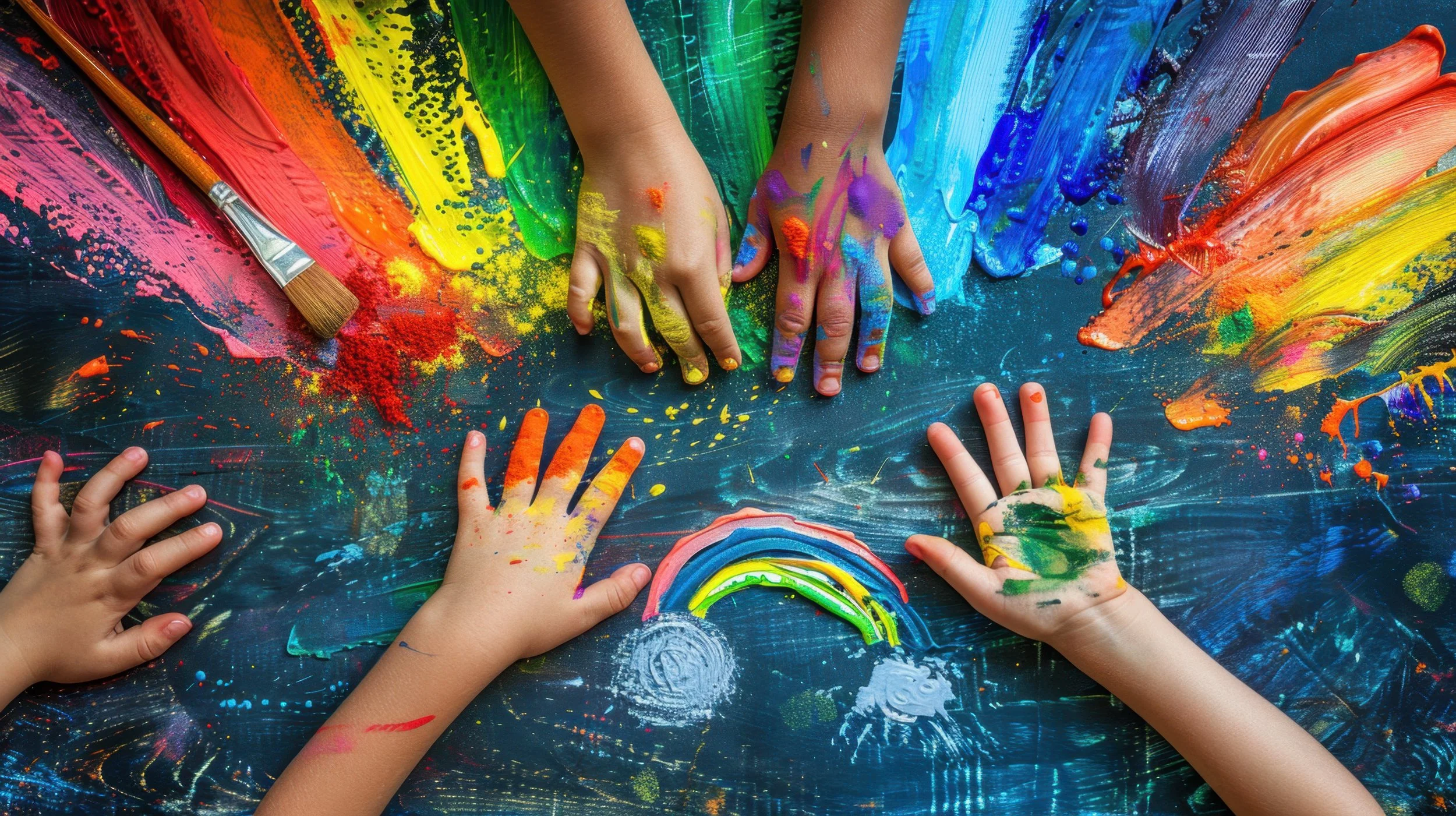 Children's hands covered in colorful paint, creating abstract art on a dark blue surface with splashes and strokes of yellow, pink, green, blue, and orange paint. A paintbrush is placed on the surface.