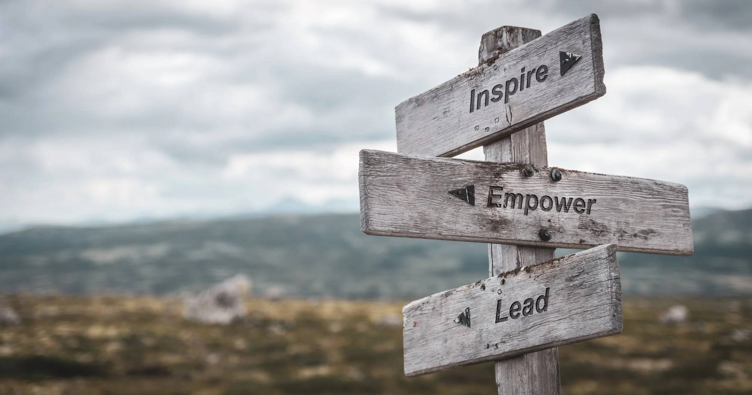 Weathered wooden signpost with arrows pointing to Inspire, Empower, Lead, set against a cloudy sky and distant mountains.