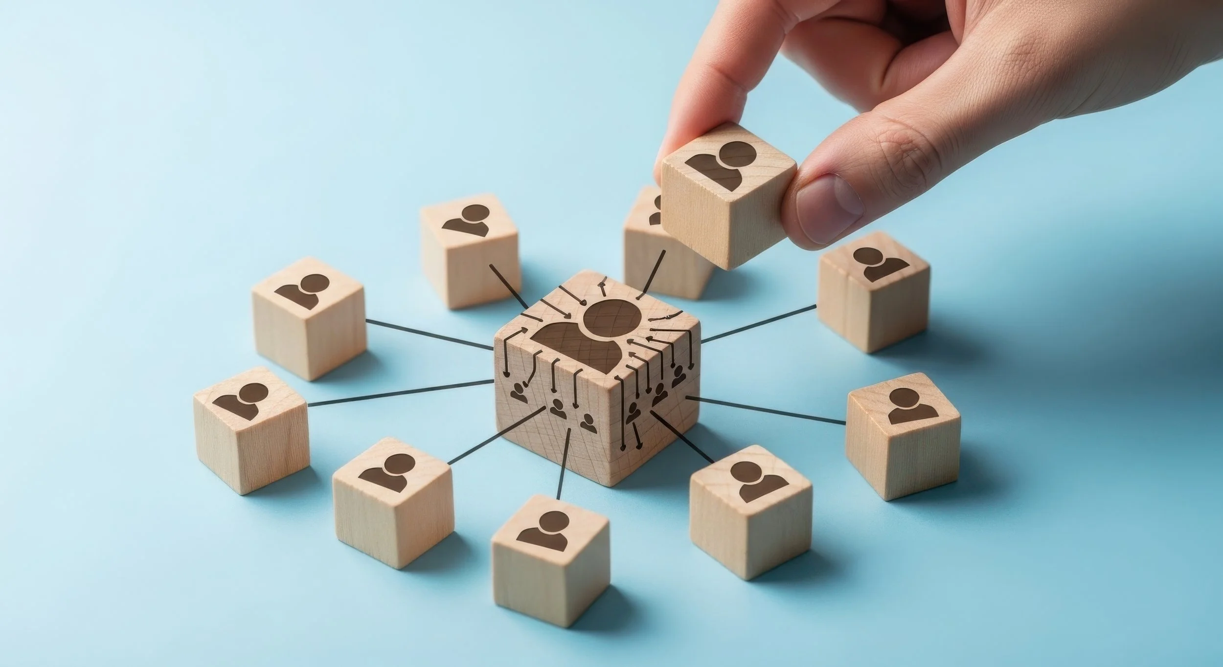 Hand placing a wooden block with a person icon onto a diagram of connected blocks with person icons, representing social network or organizational structure.