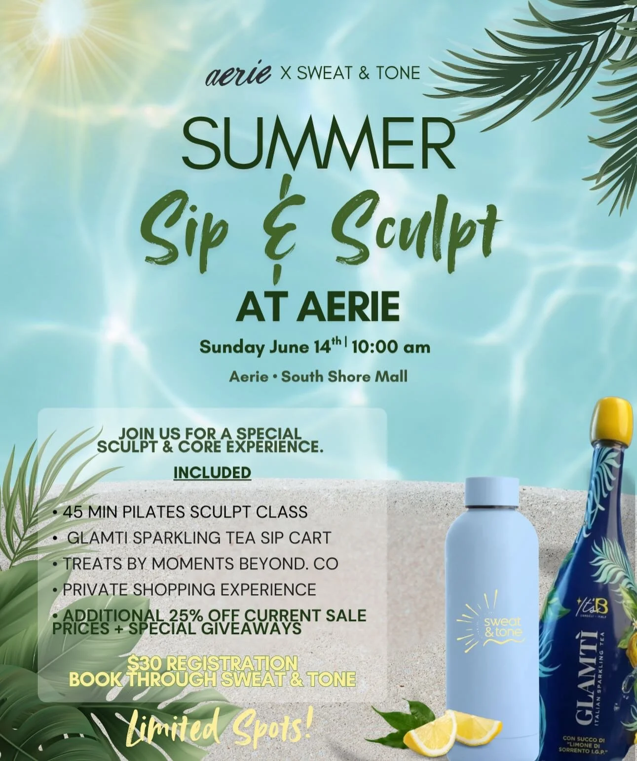 Sip &amp; Sculpt Pop Up Event Aerie Bay Shore

Class by @artofnikki.studio

Sip Cart by @worldofmonicasacco @saltandsunyogali serving SPARKLING TEA by Geamti

Free treats by @momentsbeyond.co 

25% off and special give aways by @aerie.bayshore