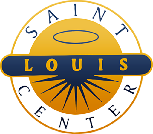 Logo for Saint Louis Center featuring a circular design with the words 'Saint Louis Center' around the outside, a yellow background in the center, a halo above, and a stylized sunburst or starburst at the bottom.