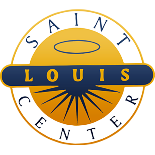 Saint Louis Center logo with a gold circle, blue banner, and a starburst design.