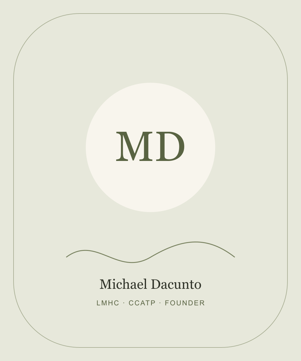 Michael Dacunto initials and founder credentials; reserved space for a future headshot
