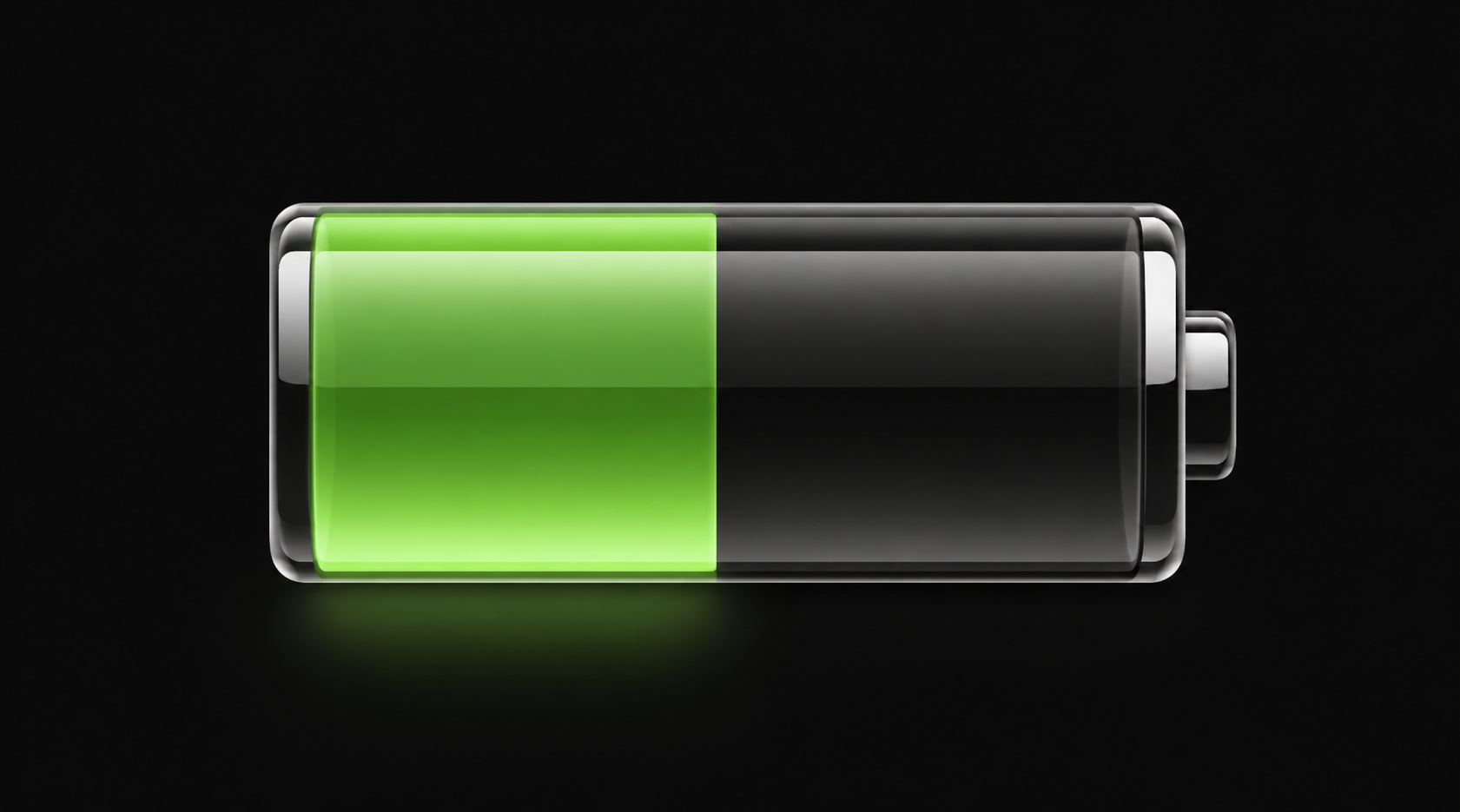 A digital illustration of a partially charged battery icon, with a green fill indicating remaining power, set against a black background.