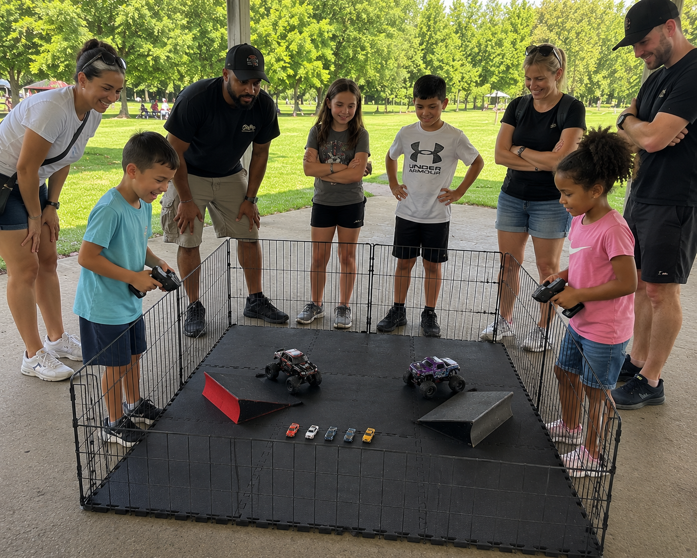 Children and adults gathered around a fenced track in a park, watching remote-controlled cars race on a small platform.