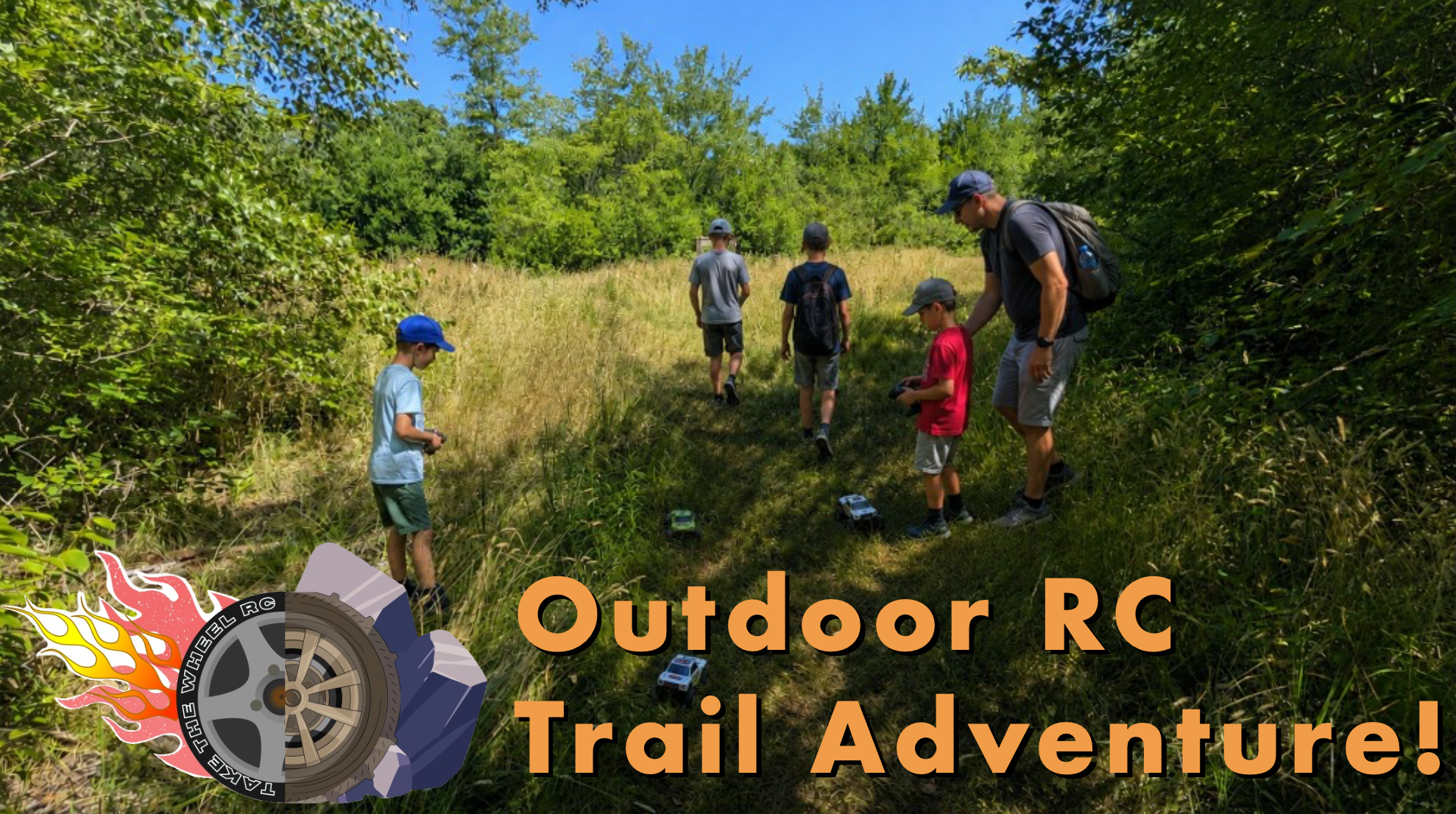 A group of people, including children and an adult, walking through a sunny, wooded trail with tall grass and green trees, during daytime, with an overlay of text promoting outdoor RC trail adventure