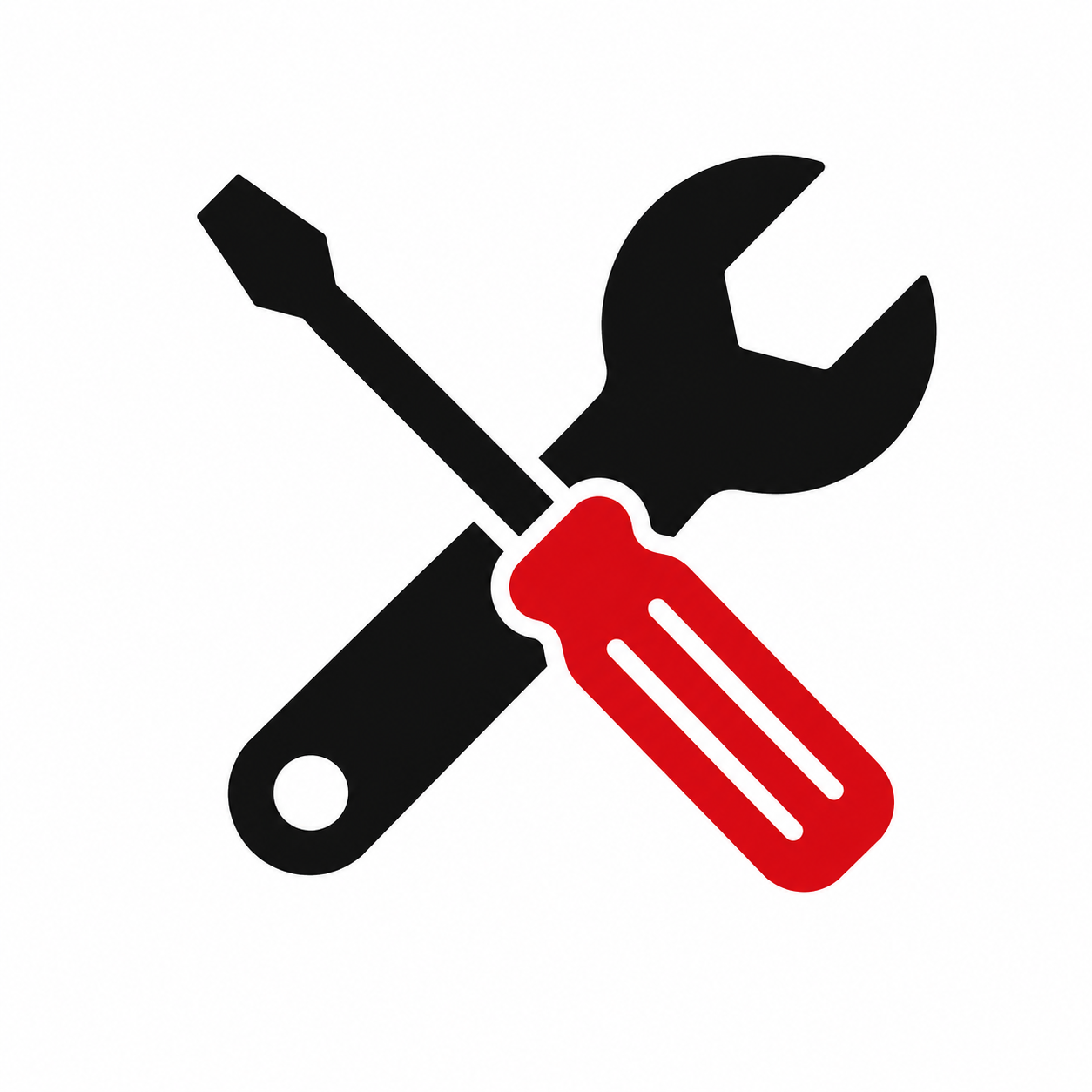 Silhouette of a wrench, screwdriver, and a screwdriver with a red handle, overlapping each other.