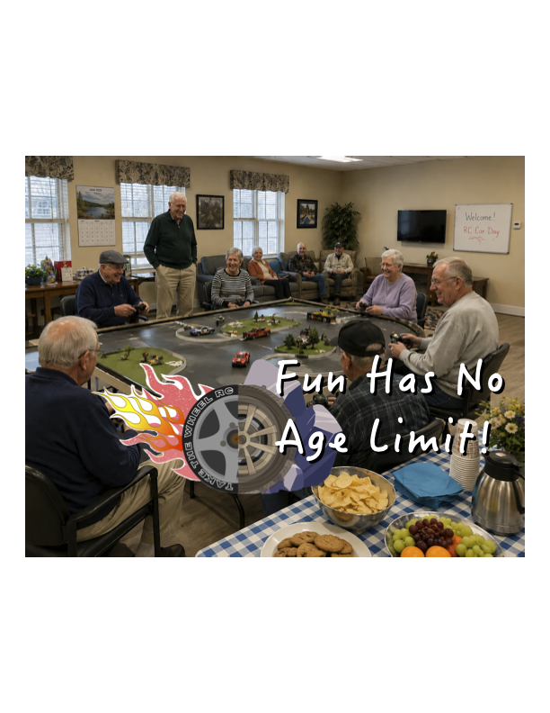 Older adults playing with remote-controlled cars at a gathering, with snacks and drinks on the table, in a senior center, and a sign that reads 'Welcome! RC Car Day' at a council on aging community event.