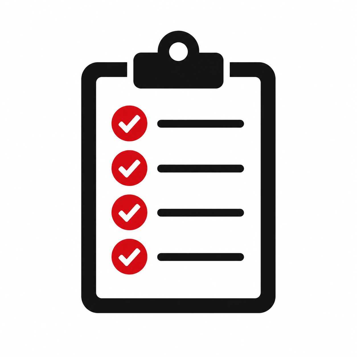 Icon of a clipboard with a checklist containing four items, each marked with a red circle and white checkmark.