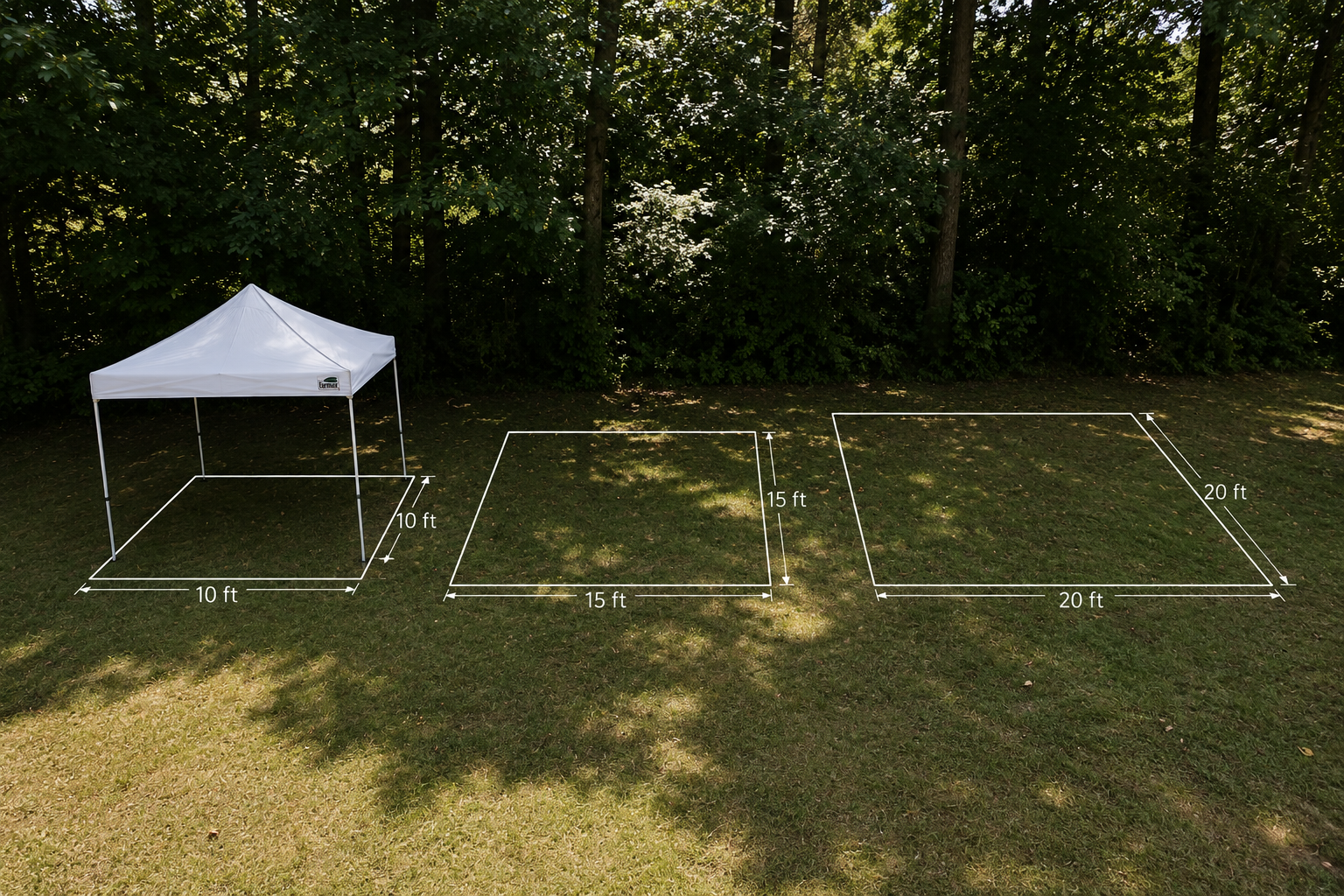 Outline of three different camping tents with their dimensions labeled: a 10 ft by 10 ft tent, a 15 ft by 15 ft tent, and a 20 ft by 20 ft tent, set up on a grassy outdoor area surrounded by trees.