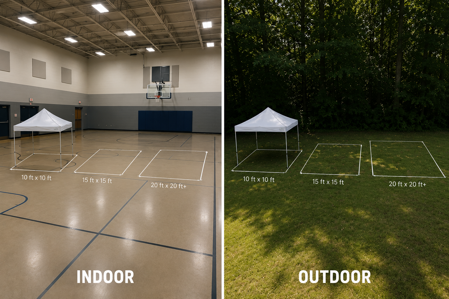 Comparison of three different-sized tents indoors on a gymnasium floor and outdoors on grass, with labels indicating sizes: 10 ft x 10 ft, 15 ft x 15 ft, and 20 ft x 20 ft+.