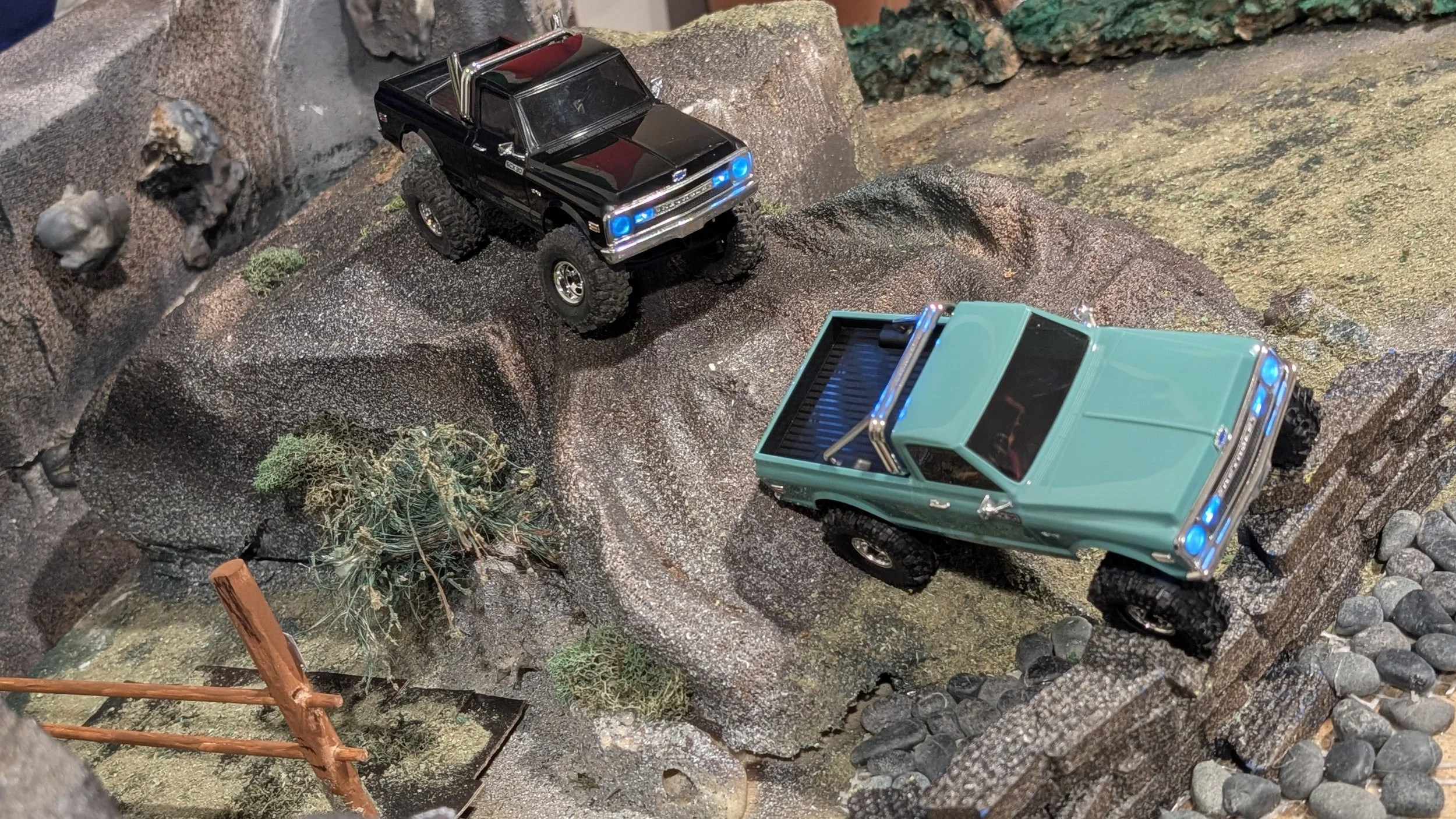 Model off-road trucks driving on a rocky terrain with small plants and rocks.